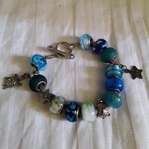 Glass Blue Green Turtles Stars Slider Charm Bead Bracelet
